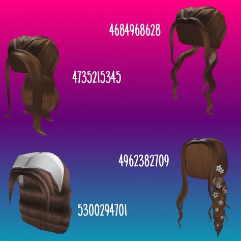 Brown Color Hair Style ID; Festive Chestnut Hair 332746213 Blunt Bangs 5355333720 Low Braided Buns 4904688017 Soho Curly Hair. . Roblox hairstyles codes